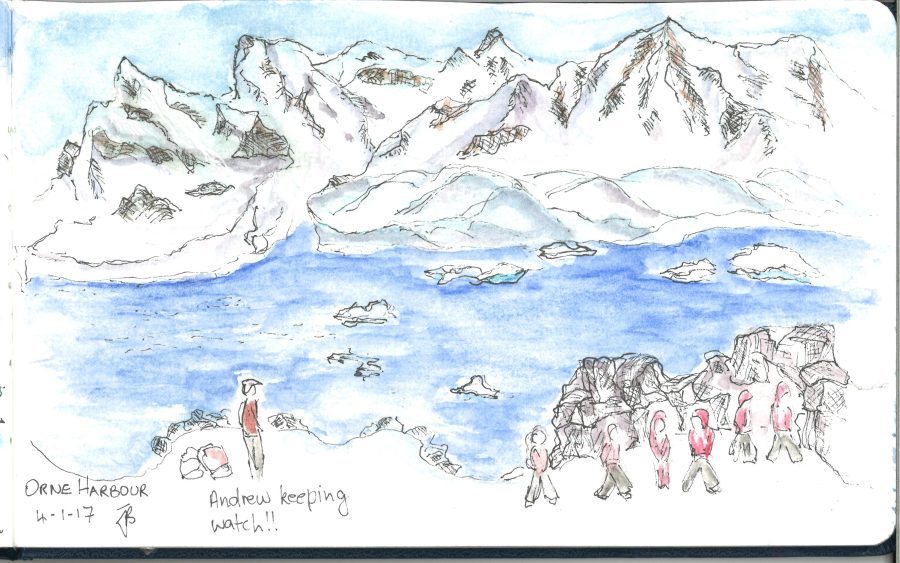 Orne Harbour sketch, perched on a rock halfway up the hill