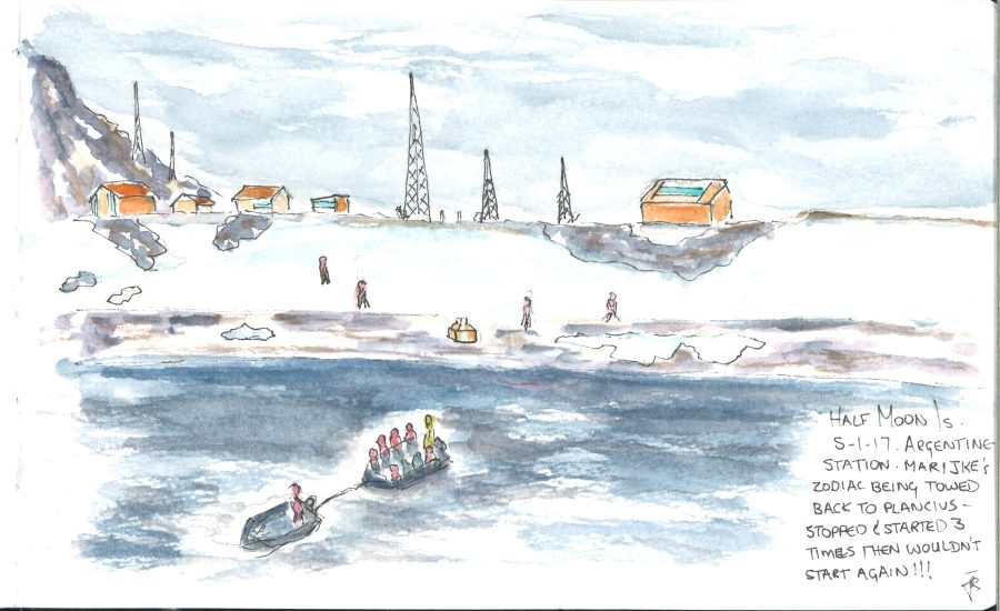 Half Moon Is. and zodiac being towed sketch